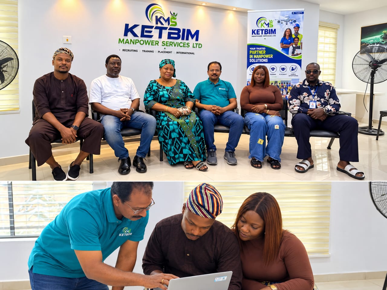 Staff seated in front of the KETBIM logo wall, and team members working together at a laptop